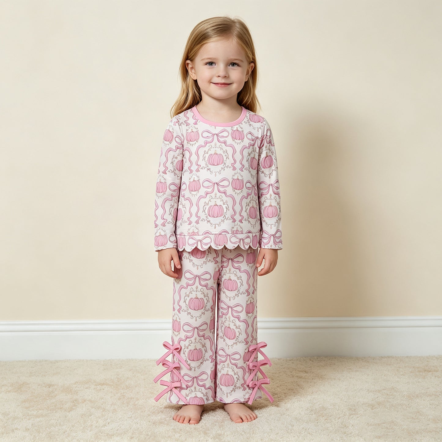 NEW RTS NO MOQ milk silk GLP3437 Baby Girls Bows Pumpkins Checked Scallop Top Bows Pants Fall Clothes Set