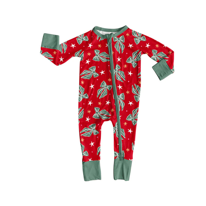 8.7preorder(moq 5)Baby Infant Boys Long Sleeves Green Bows Christmas Zipper Rompers