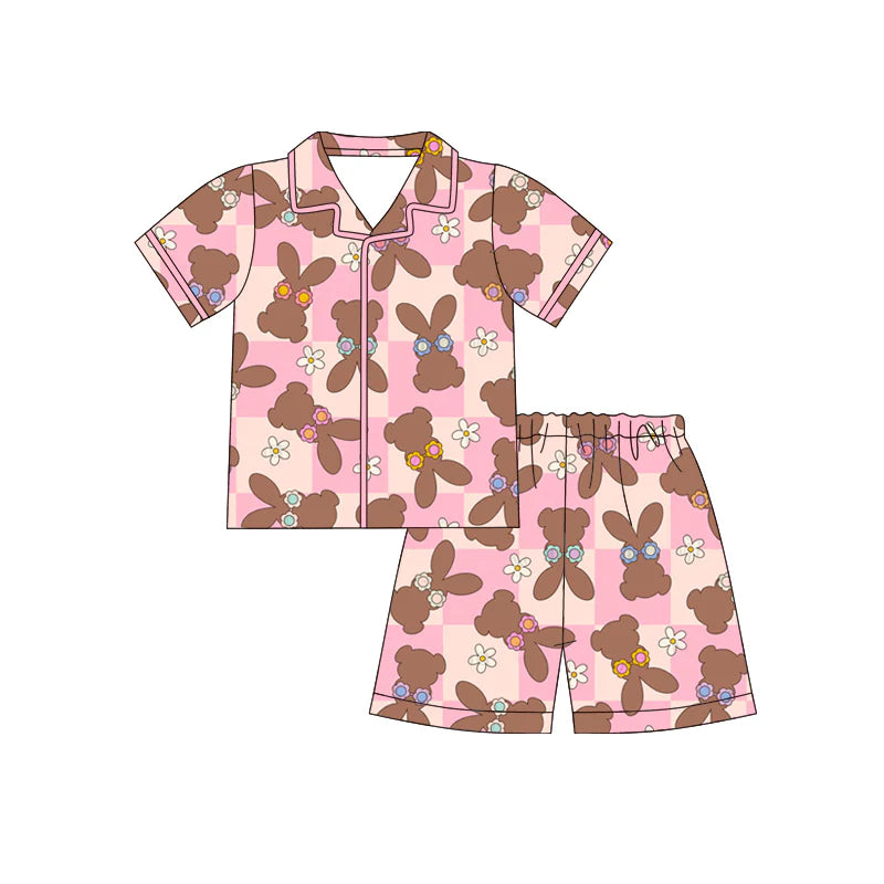 X12.18 Preorder (moq 5)Baby Girls Pink Checked Flowers Rabbits Button Top Shorts Easter Pajamas Sets
