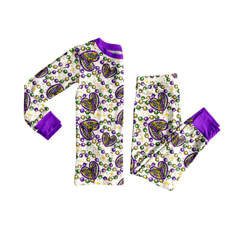 X925Preorder (moq 5)Baby Girls Leopard Hearts Checked Top Pants Mardigras Pajamas Sets