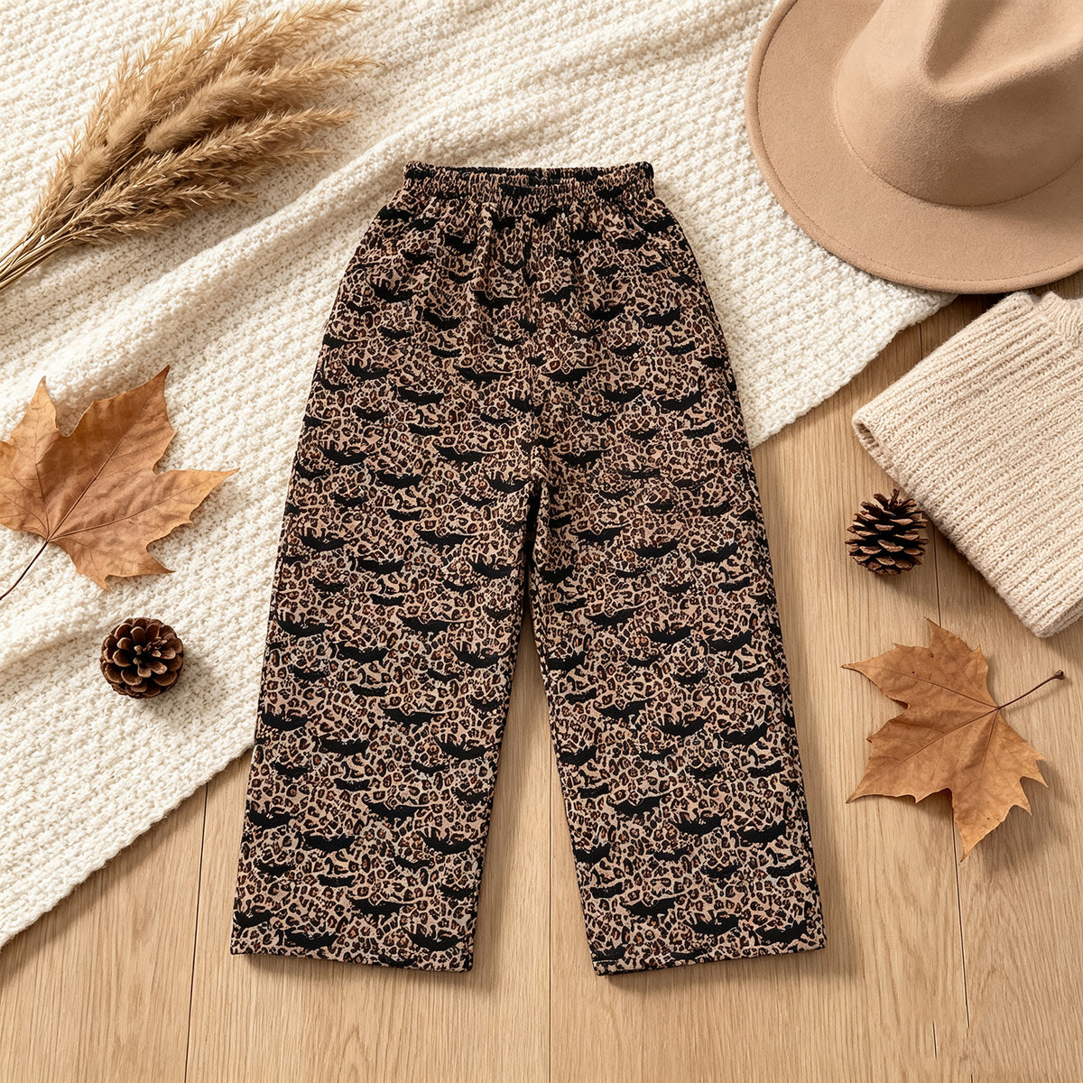 NEW RTS NO MOQ milk silk P1129 Adult Women Bats Leopard Halloween Pockets Flare Pants Bottom
