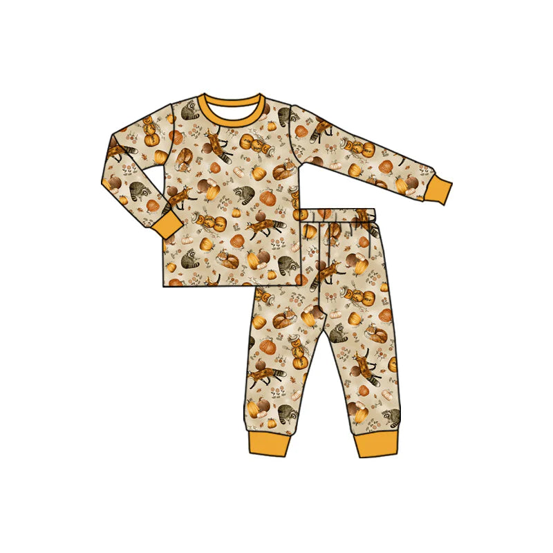 7.12Preorder (moq 5)Baby Boys Long Sleeves Leaves Pumpkins Top Pant Pajamas Set