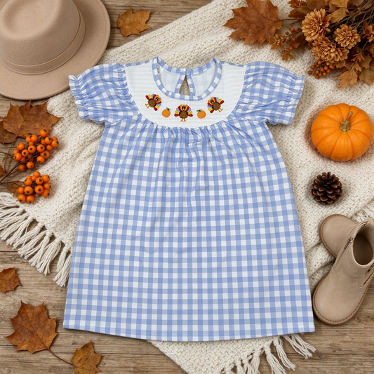 NEW RTS NO MOQ milk silk GSD4250 Smocked Turkey Baby Girls Blue Checked Thanksgiving Knee Length Dress
