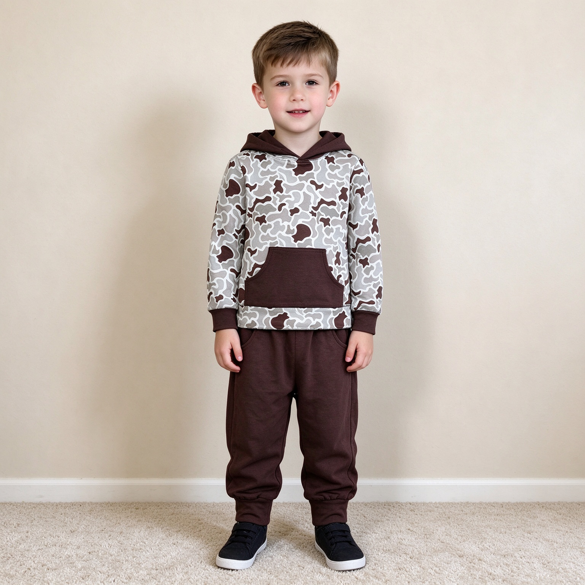 NEW RTS NO MOQ milk silk BLP1598 Baby Boys Khaki Camo Hoodie Pockets Joggers Clothes Set