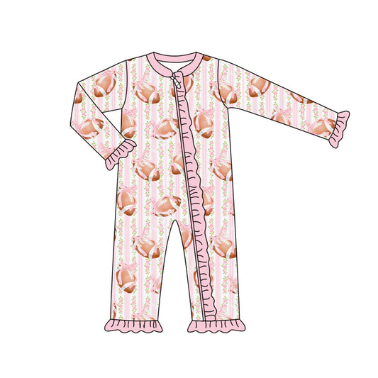 7.14Preorder (moq 5)Baby Girls Long Sleeves Pink Bows Footballs Stripe Ruffle Zipper Romper