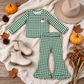 NEW RTS NO MOQ milk silk GLP3589 Embroidery Santa Baby Girls Green Checked Top Scallop Pant Christmas Set