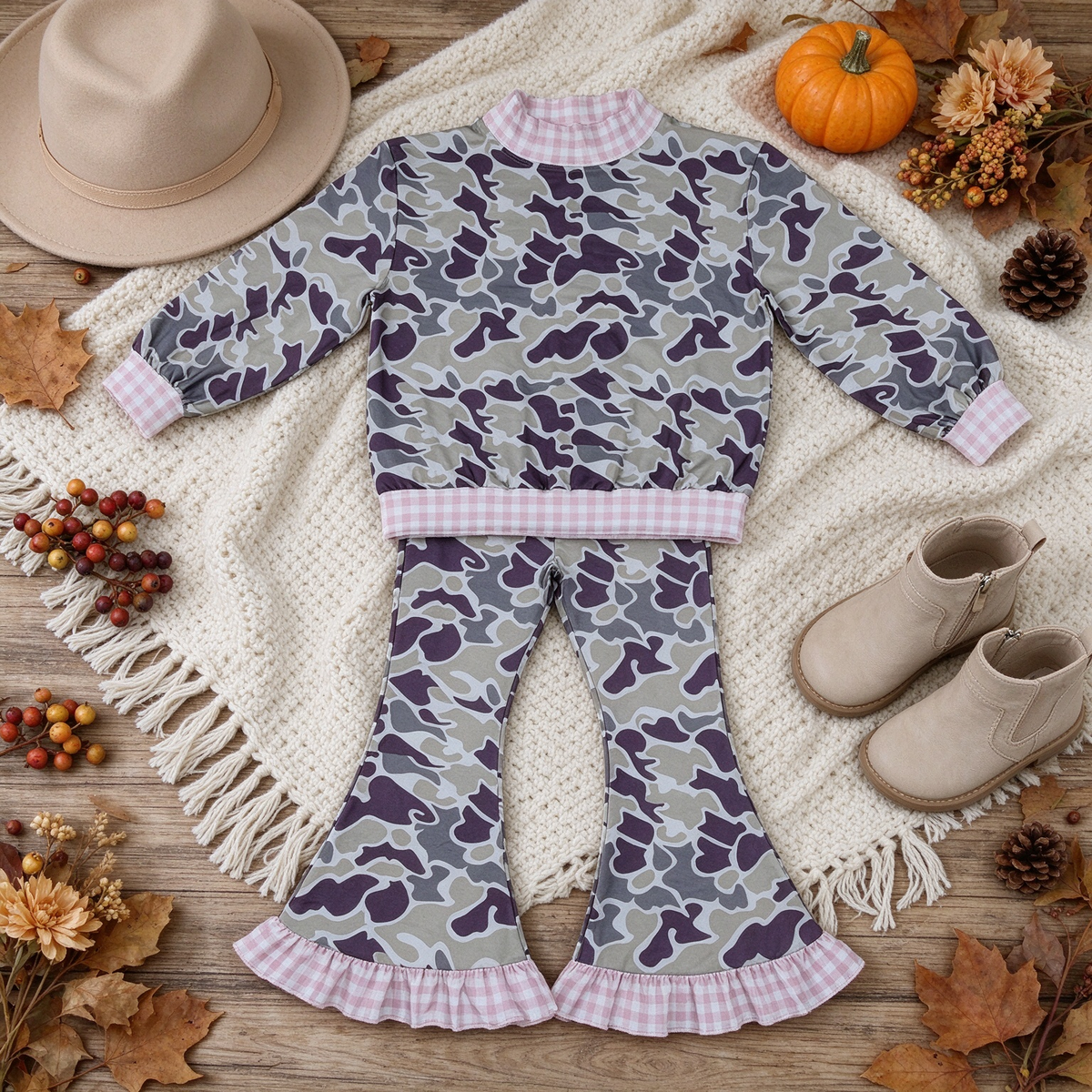 NEW RTS NO MOQ milk silk GLP3736（GT1873+P1184）High Neck Baby Girls Grey Camo Choker Top Ruffle Flare Pant Clothes Set