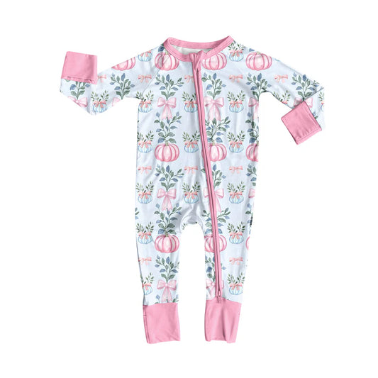 7.14Preorder (moq 5)Baby Girls Long Sleeves Pink Bows Pumpkins Plaid Zipper Romper
