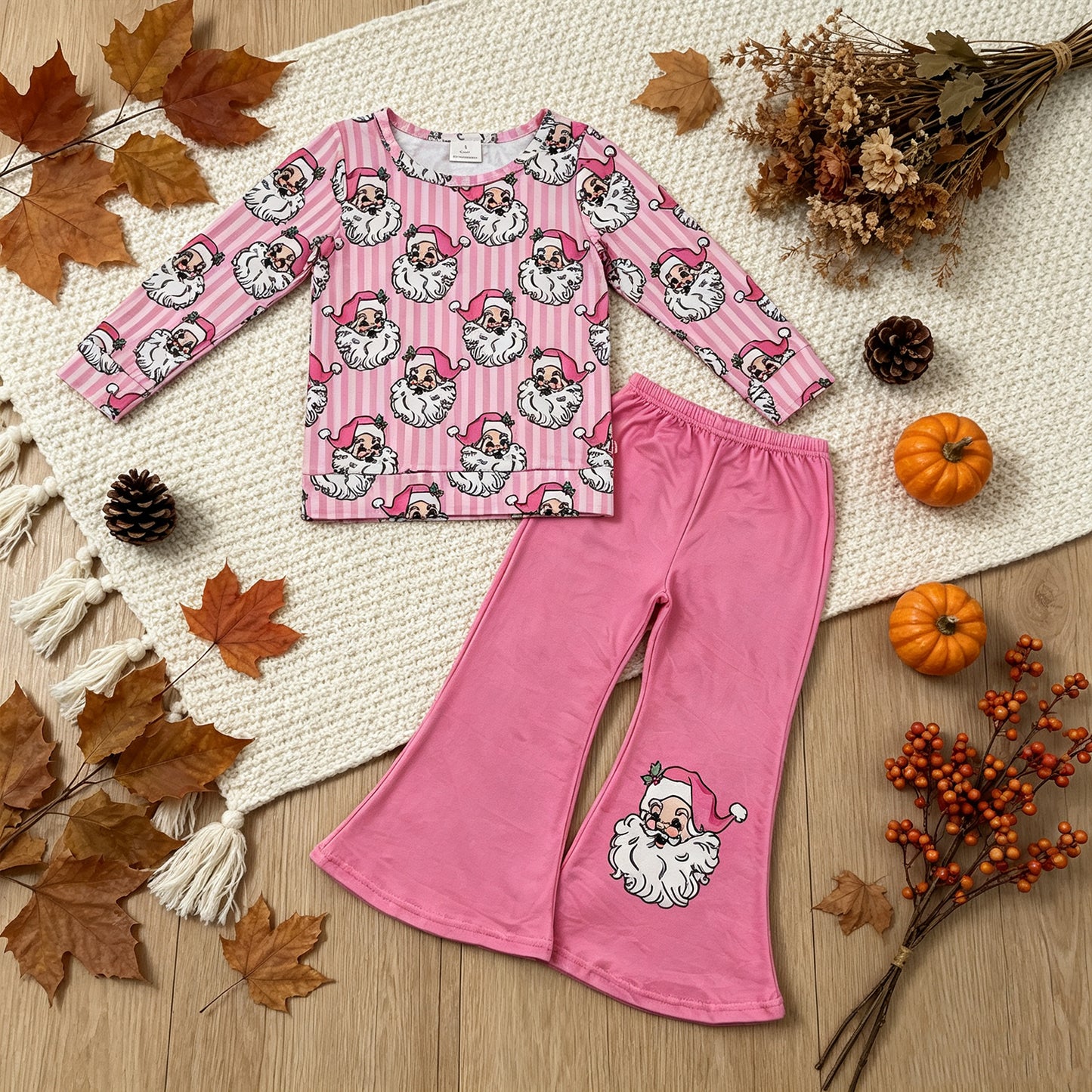 NEW RTS NO MOQ milk silk GLP3538 Baby Girls Pink Stripe Santa Top Flare Pant Christmas Clothes Sets