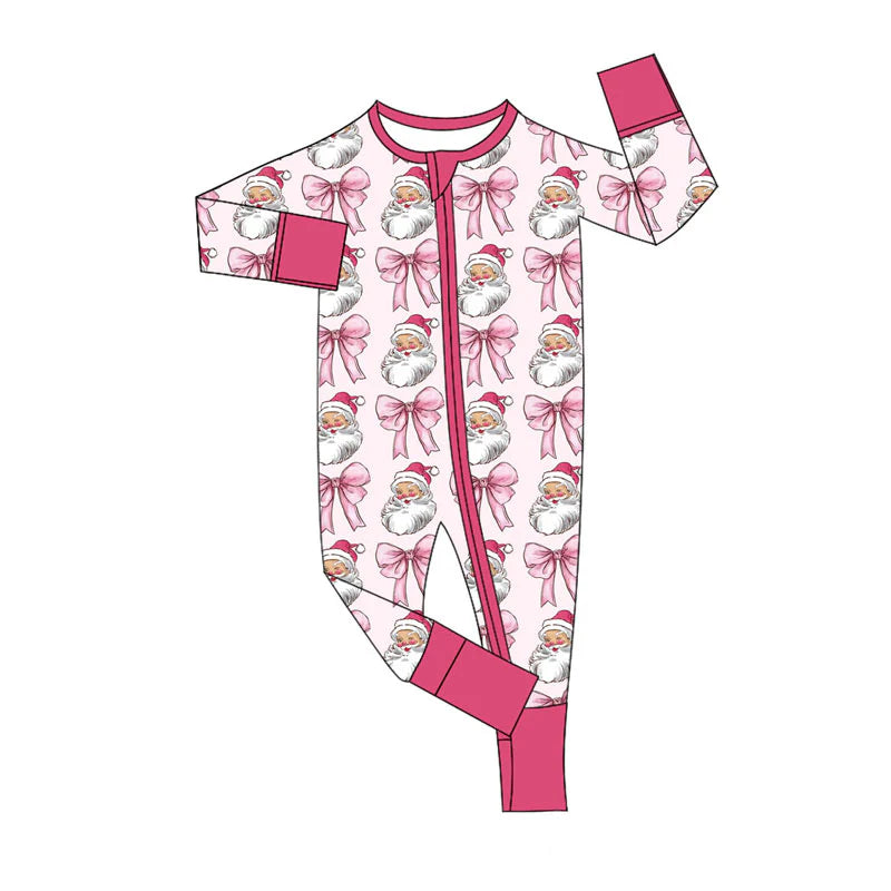 X920Preorder (moq 5)Baby Girls Pink Santa Bows Christmas Zipper Footie Rompers