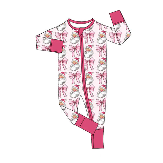 X920Preorder (moq 5)Baby Girls Pink Santa Bows Christmas Zipper Footie Rompers