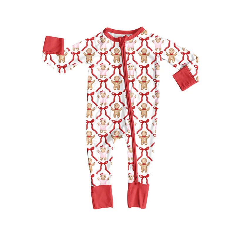 X8.15Infant Christmas Gingerbread Bows Zipper Footie Rompers