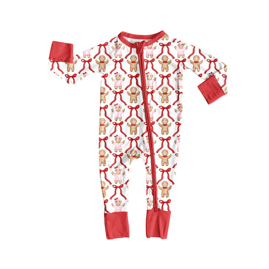 X8.15Infant Christmas Gingerbread Bows Zipper Footie Rompers
