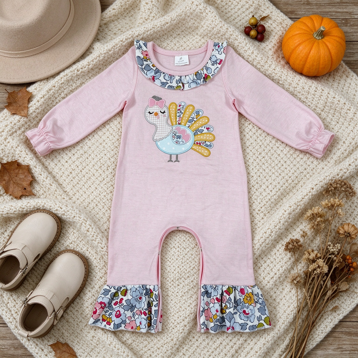 NEW RTS NO MOQ milk silk LR3216 Embroidery Flowers Turkey Baby Girls Thanksgivings Ruffle Pant Rompers