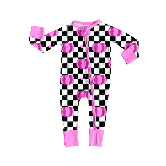 7.14Preorder (moq 5)Baby Girls Long Sleeves Hot Pink Pumpkins Black Plaid Zipper Romper