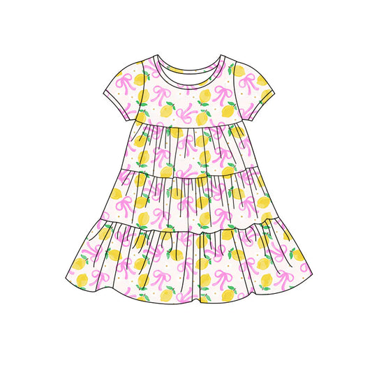 X11.20Preorder(moq 5) Baby Girls Bows Lemons Patchwork Ruffle Knee Length Dresses