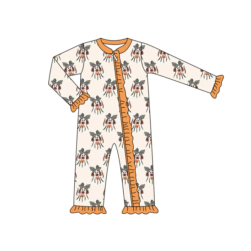 7.14Preorder (moq 5)Baby Girls Long Sleeves Bows Dogs Plaid Ruffle Zipper Pant Romper