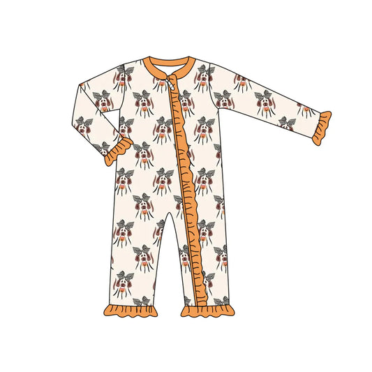 7.14Preorder (moq 5)Baby Girls Long Sleeves Bows Dogs Plaid Ruffle Zipper Pant Romper