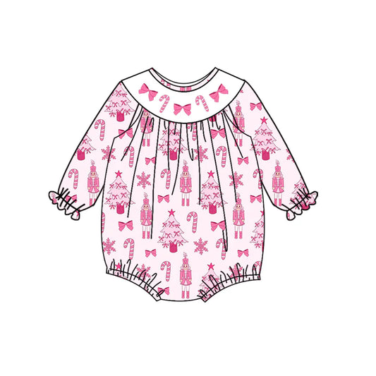 7.14Preorder (moq 5)Baby Girls Long Sleeves Pink Trees Soldiers Bows Ruffle Romper