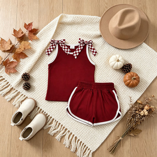 NEW RTS NO MOQ milk silk GSSO3859 Baby Girls Maroon Checked Bows Sleeveless Vest Pockets Short Clothes Sets