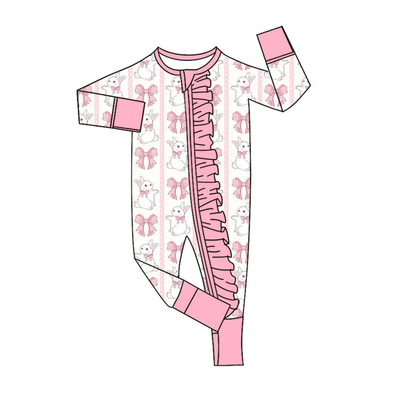 X11.15Preorder (moq 5)Baby Girls Pink Bows Rabbits Stripe Easter Two Way Ruffle Zip Convertible Rompers