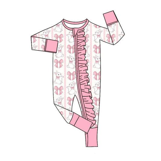 X11.15Preorder (moq 5)Baby Girls Pink Bows Rabbits Stripe Easter Two Way Ruffle Zip Convertible Rompers