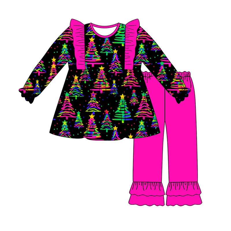 7.19Preorder (moq 5)Baby Girls Long Sleeves Colorful Trees Stars Tunic Ruffle Pants Set