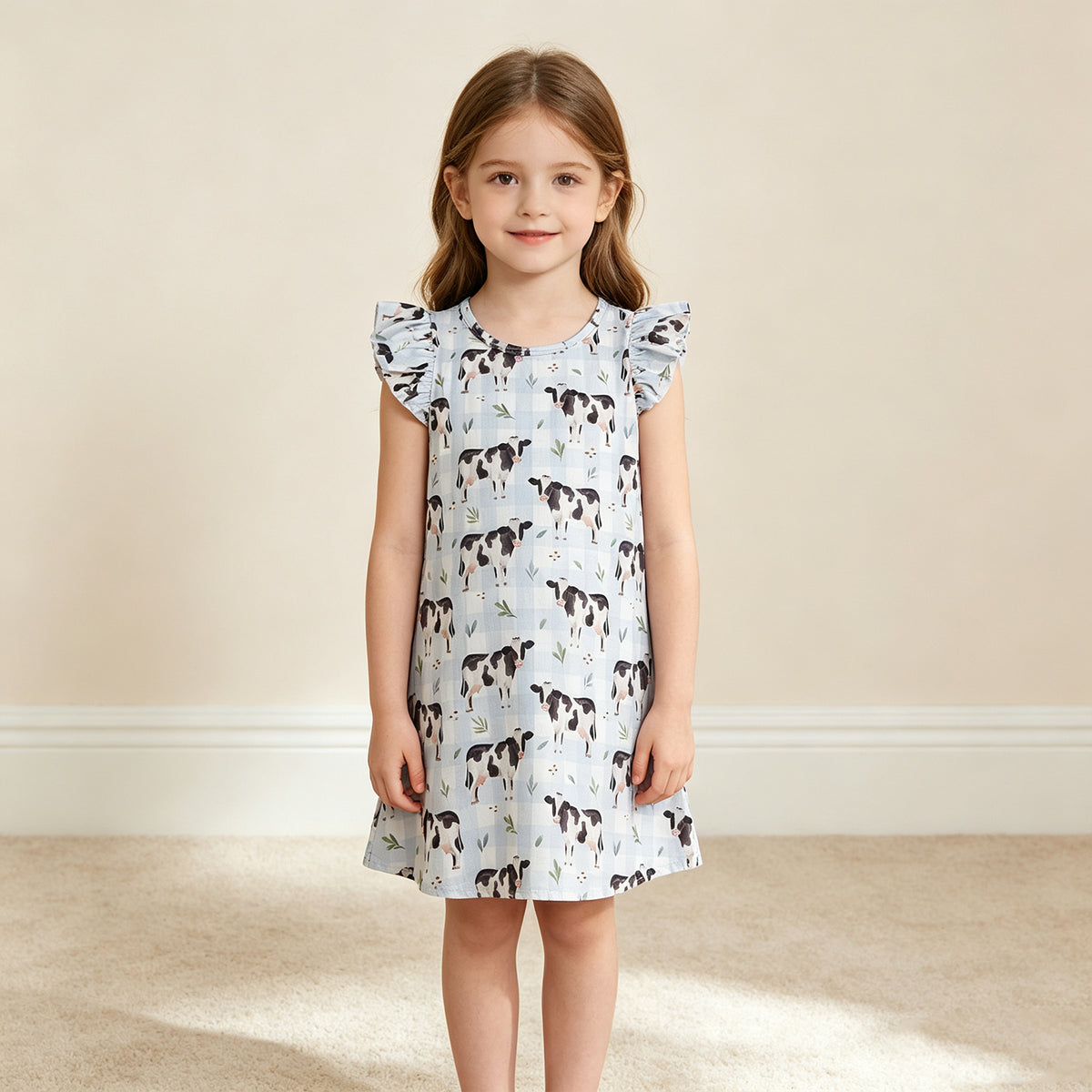 NEW RTS NO MOQ milk silk GSD3895 Baby Girls Flutter Sleeve Blue Checked Cows Farm Knee Length Dresses