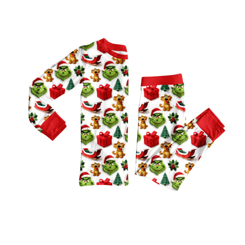 8.4Preorder (moq 5)Baby Girls Green Face Gifts Top Pant Christmas Pajamas Set