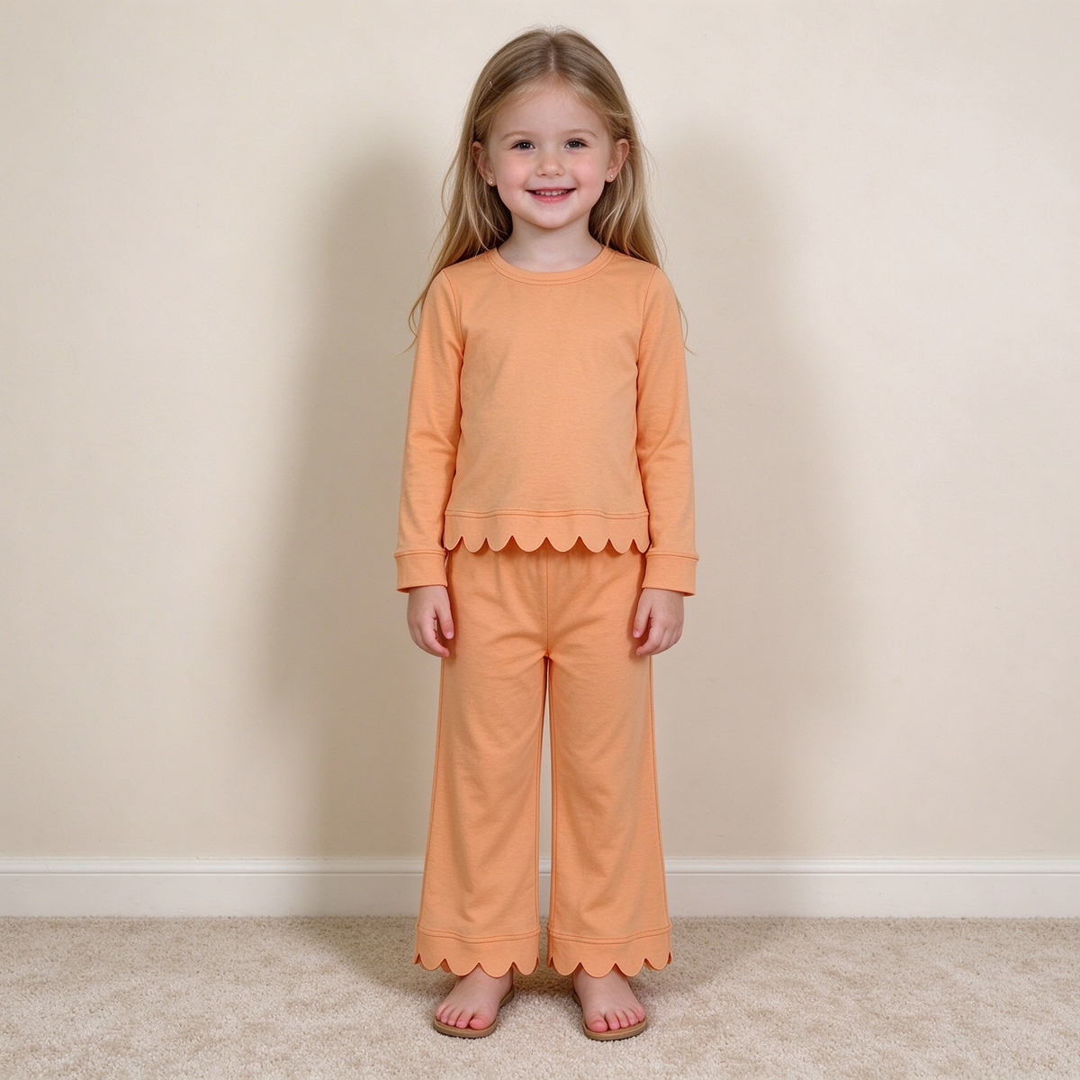 NEW RTS NO MOQ cotton GLP3295 Baby Girls Orange Long Sleeve Top Pockets Pants Scallop Clothes Sets