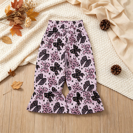 NEW RTS NO MOQ milk silk P1069 Baby Girls Black Pink Ghost Bows Stars Halloween Ruffle Flare Pants