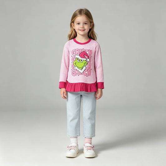 NEW RTS NO MOQ milk silk GT1154 Cute Clothes Baby Girls Print Plaid Christmas Short Sleeve Tee Shirt Holiday Casual Top
