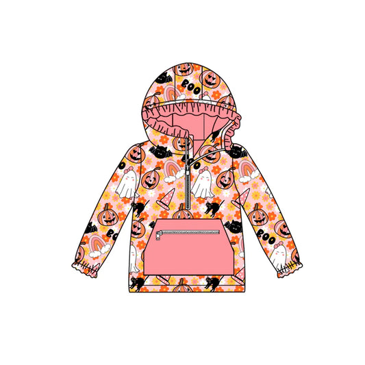 8.1preorder(moq 5) Baby Girls Long Sleeves Flowers Ghost Pumpkins Pocket Zipper Hoodies Top
