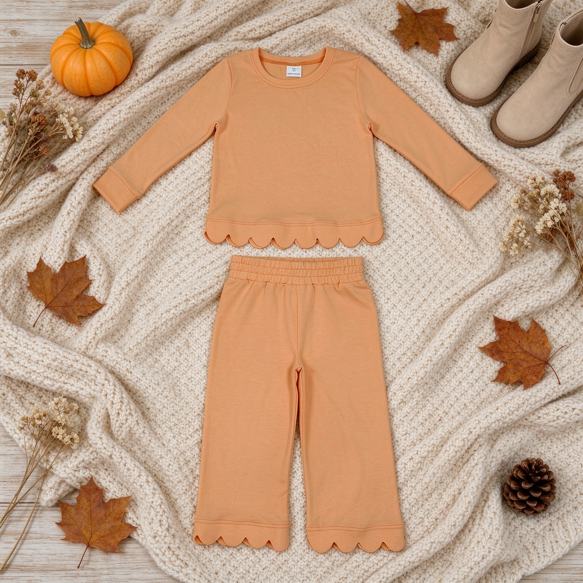 NEW RTS NO MOQ cotton GLP3295 Baby Girls Orange Long Sleeve Top Pockets Pants Scallop Clothes Sets