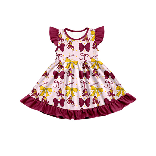 6.24 Burgundy Bowknot Girls Flying Sleeve Dress