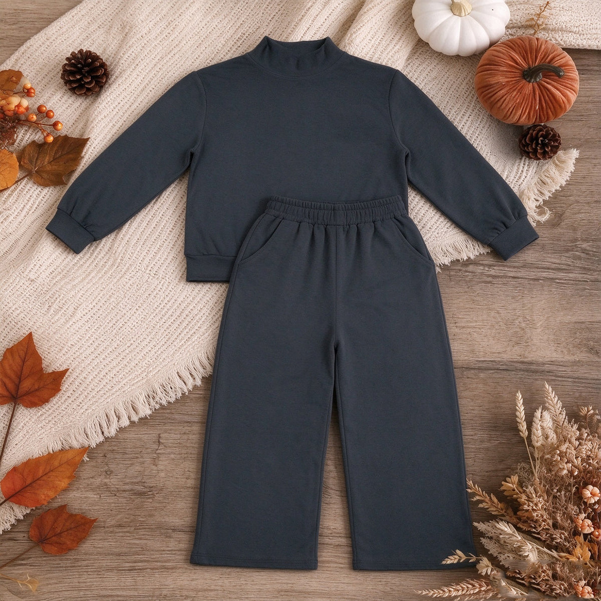 NEW RTS NO MOQ milk silk GLP3411 Baby Girls Black Long Sleeve Top Pockets Flare Pant Pajamas Clothes Sets