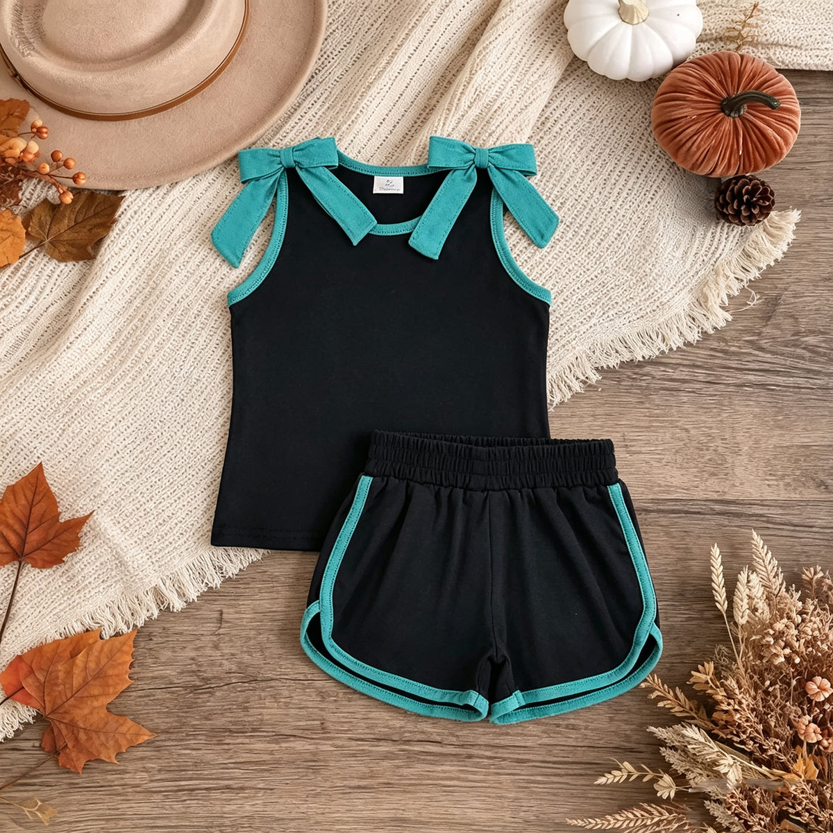 NEW RTS NO MOQ milk silk GSSO3856 Baby Girls Black Lake Blue Bows Sleeveless Vests Pockets Short Clothes Sets