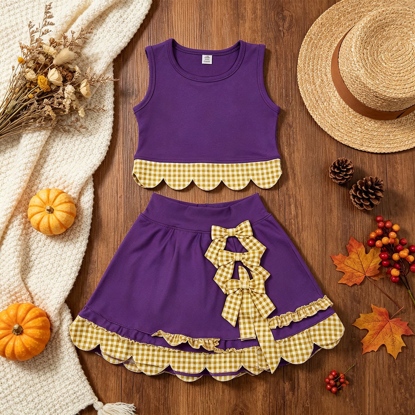 NEW RTS NO MOQ Yoga GSD4267 Baby Girls Purple Gold Vest Bows Skirt Short Yoga Active Scallop Clothes Set