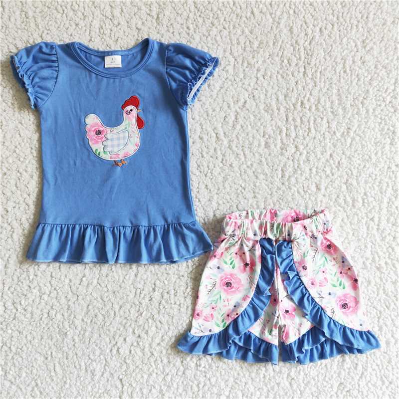 Embroidered chicken top & shorts girls summer outfits