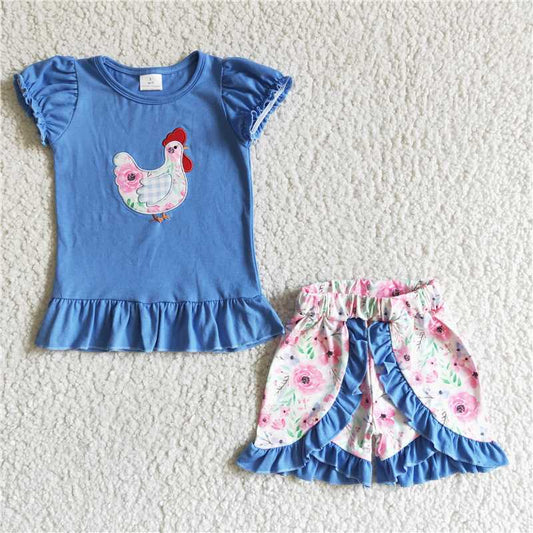 Embroidered chicken top & shorts girls summer outfits