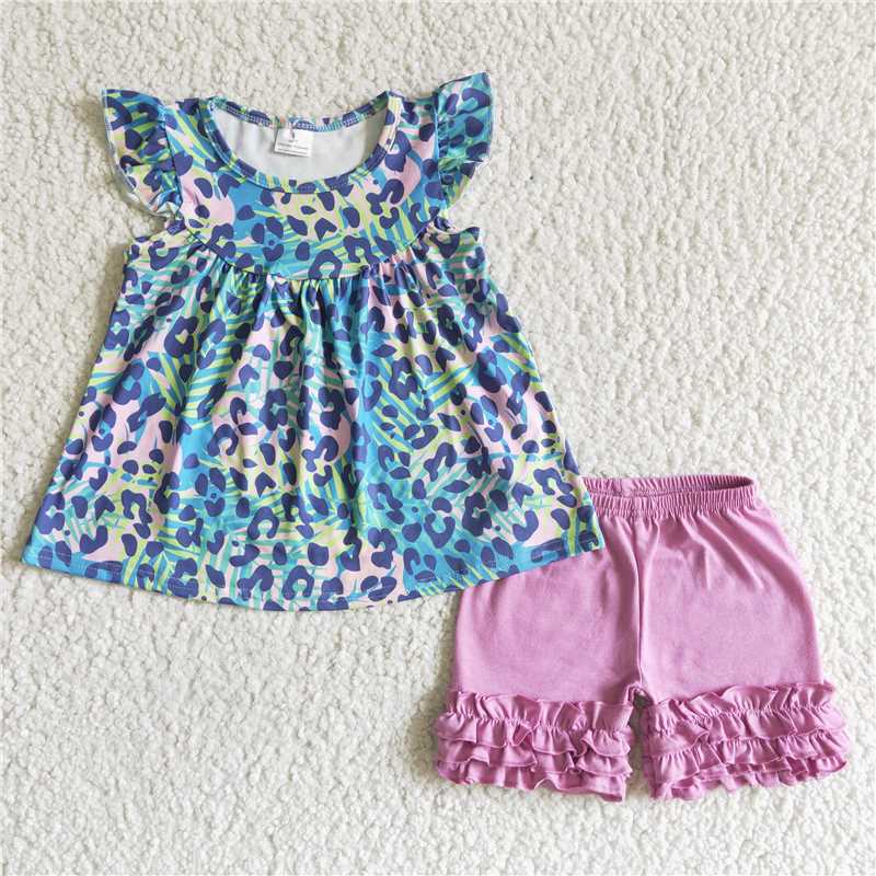 leopard girls outfits tops & purple shorts sets summer kids clothes