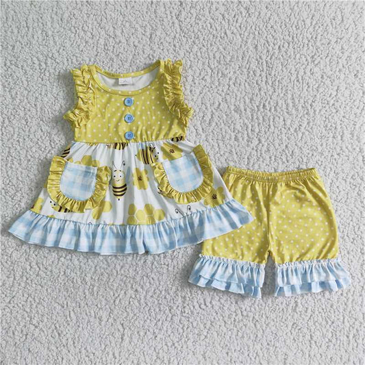 summer girls outfits bee tops with pockets & shorts kids clothes