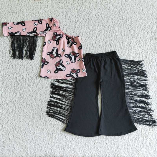 GSPO0140 Girls' cow flower tassel one-sleeve trousers suit