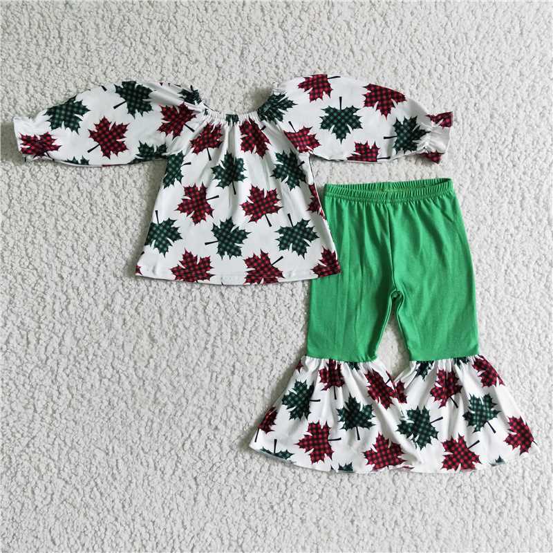 Christmas maple leaf girls outfits shirt & bell fall winter sets