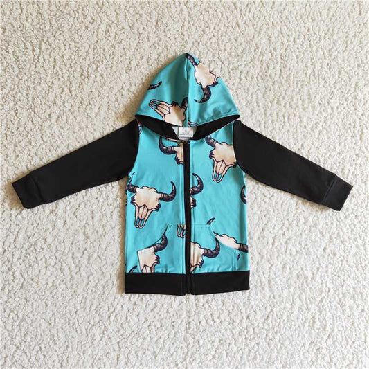 BT0083 Boys blue bull head hooded zip-up long-sleeved top