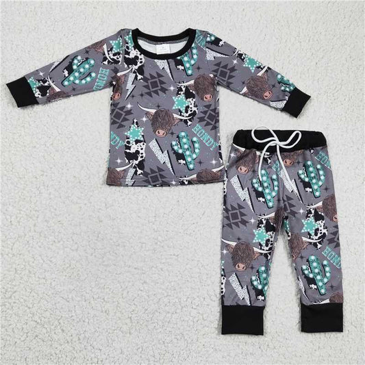 BLP0154 Boys Alpine Cow Cactus Grey Long Sleeve Pants Set