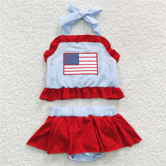 S0134 Girls Embroidered National Day Flag Blue Swimsuit Suit