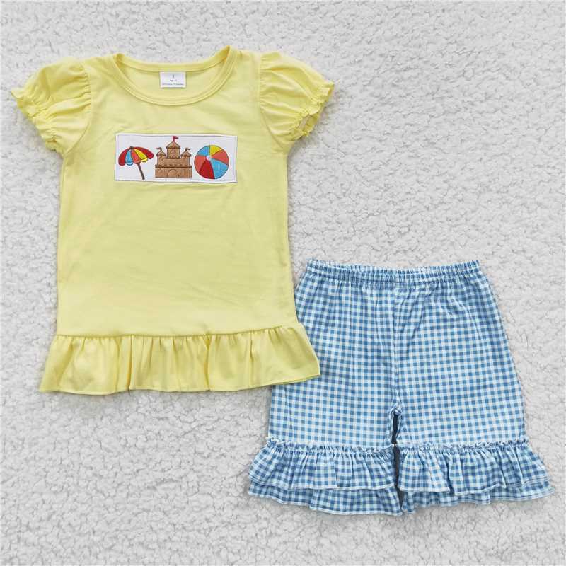 Embroidered yellow top & shorts girls summer outfits