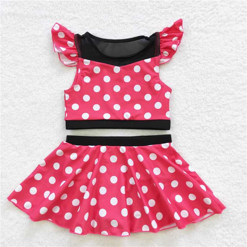 S0147 Pink polka dot short sleeve skirt swimsuit suit