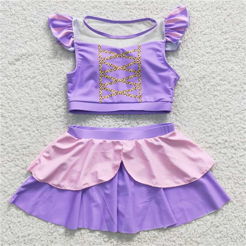 S0145 Purple Short Sleeve Skirt Swimsuit Suit